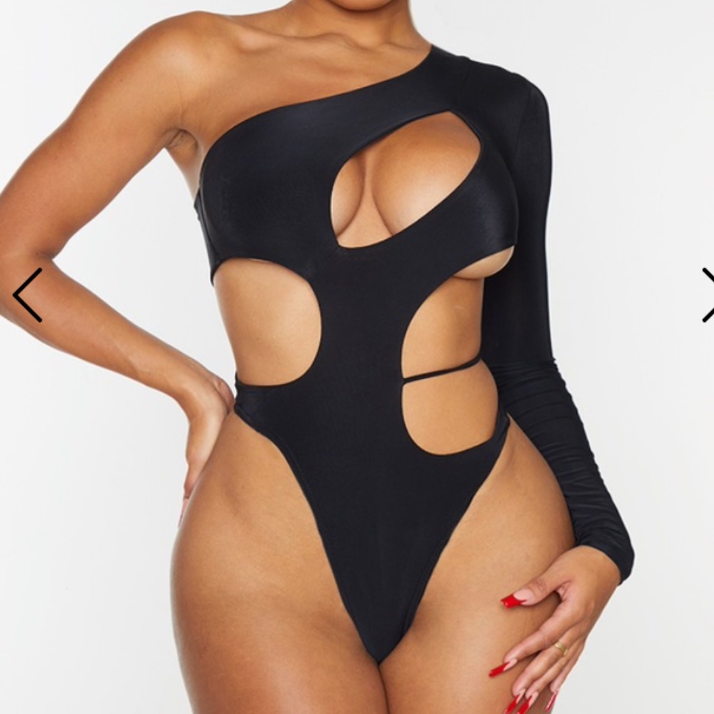 Black One Shoulder Slinky Cut Out Sexy Bodysuit Minimal Thong Coverage Stretchy